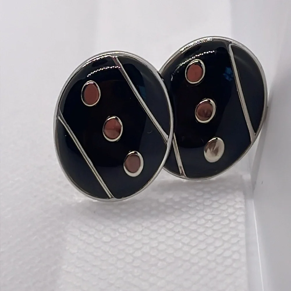 Black Oval Enamel Cufflinks w “Dot” Pattern Silver & Black! Stocking Stuffer!